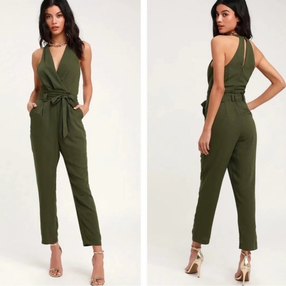 Lulus In the City Olive Green Surplice Sleeveless Jumpsuit XS